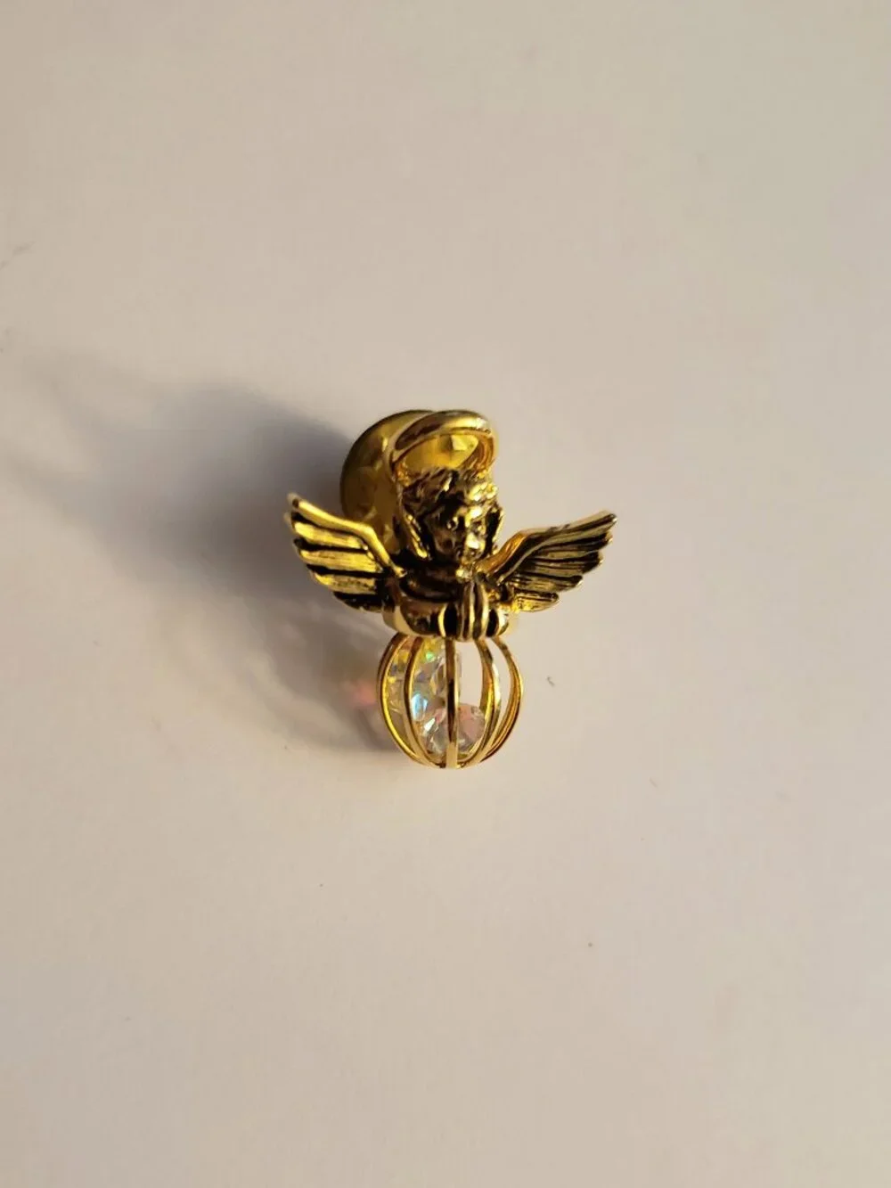 Goldtone Guardian Angel Halo Lapel Pin Brooch Cage with Rainbow Iridescent Beads